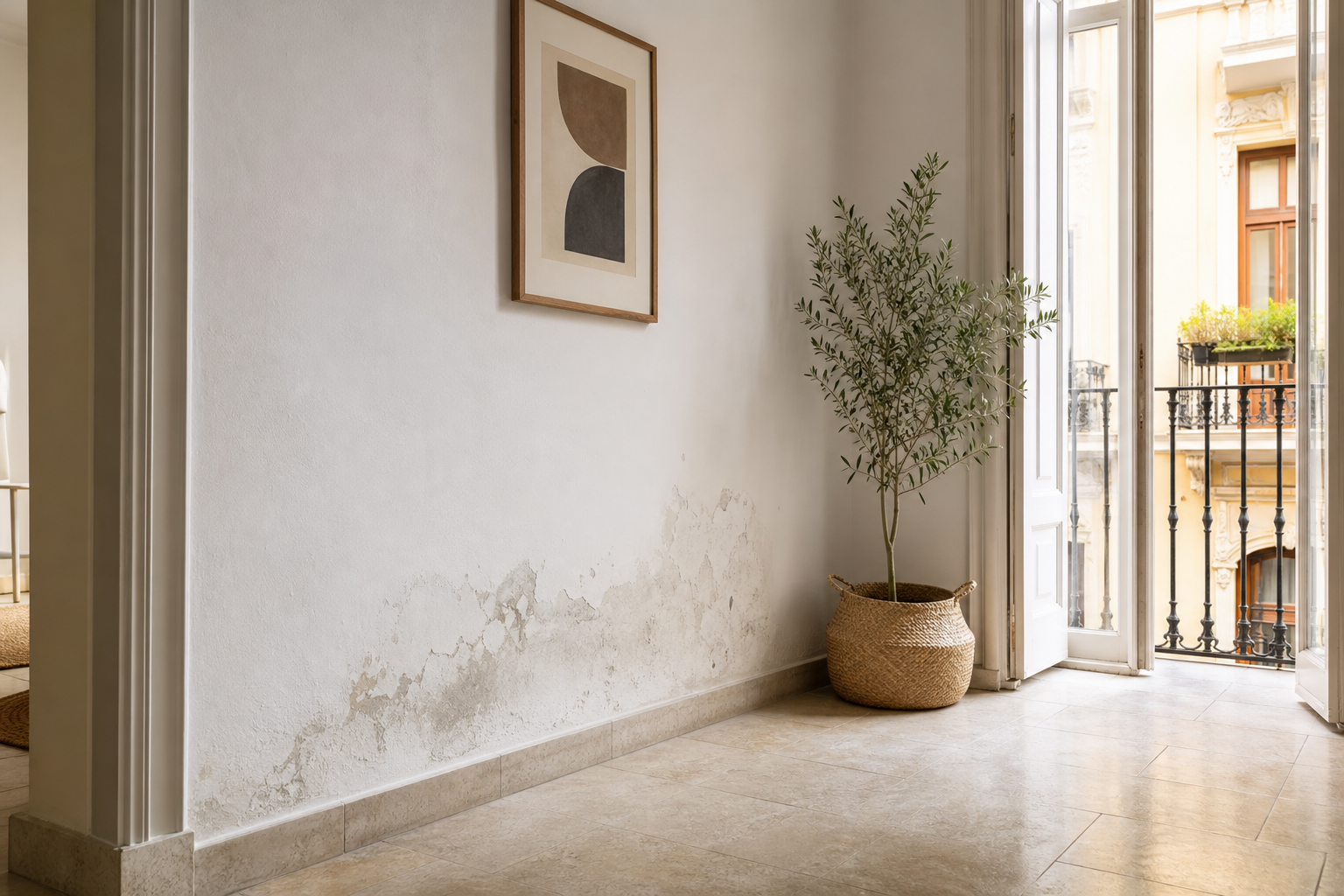 Pared de una vivienda con señales visibles de humedad cerca del suelo